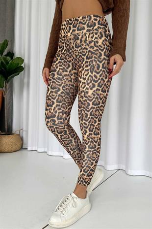 Leopar Desen İçi Şardonlu Kadın Toparlayıcı Tayt - Sarı