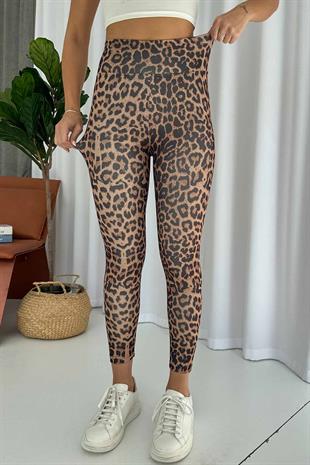 Leopar Desen İçi Şardonlu Kadın Toparlayıcı Tayt - Kahverengi