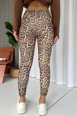 Leopar Desen İçi Şardonlu Kadın Toparlayıcı Tayt - Sarı