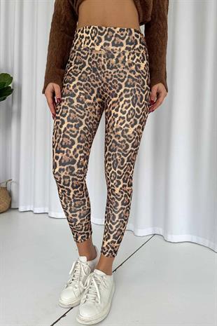 Leopar Desen İçi Şardonlu Kadın Toparlayıcı Tayt - Sarı