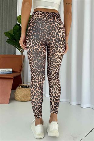 Leopar Desen İçi Şardonlu Kadın Toparlayıcı Tayt - Bej