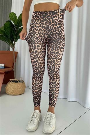 Leopar Desen İçi Şardonlu Kadın Toparlayıcı Tayt - Bej