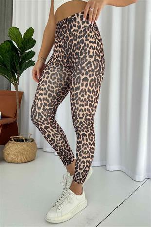 Leopar Desen İçi Şardonlu Kadın Toparlayıcı Tayt - Bej
