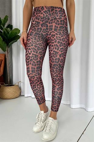 Leopar Desen İçi Şardonlu Kadın Toparlayıcı Tayt - Bordo