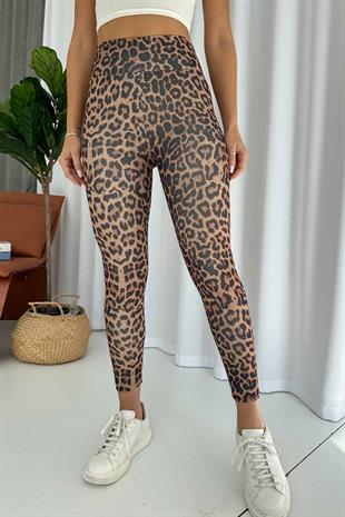Leopar Desen İçi Şardonlu Kadın Toparlayıcı Tayt - Kahverengi