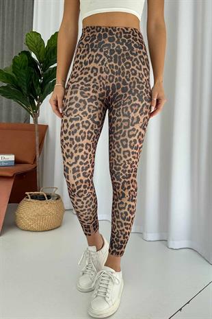 Leopar Desen İçi Şardonlu Kadın Toparlayıcı Tayt - Kahverengi