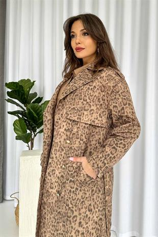 Leopar Desenli Kruvaze Astarlı Kadın Uzun Trençkot