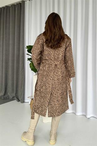 Leopar Desenli Kruvaze Astarlı Kadın Uzun Trençkot