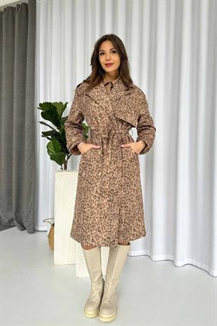 Leopar Desenli Kruvaze Astarlı Kadın Uzun Trençkot