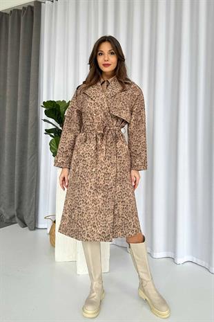 Leopar Desenli Kruvaze Astarlı Kadın Uzun Trençkot