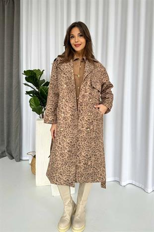 Leopar Desenli Kruvaze Astarlı Kadın Uzun Trençkot