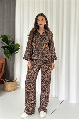 Leopar Gömlek Pantolon Takım - Kahverengi