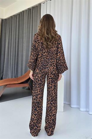 Leopar Gömlek Pantolon Takım - Kahverengi