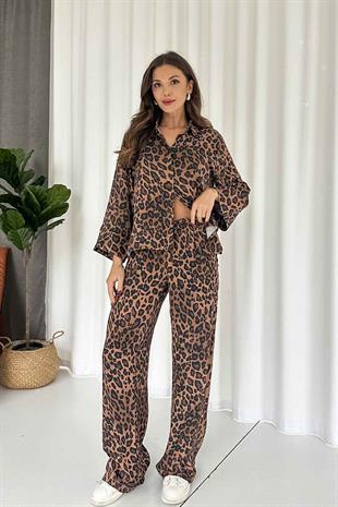Leopar Gömlek Pantolon Takım - Kahverengi