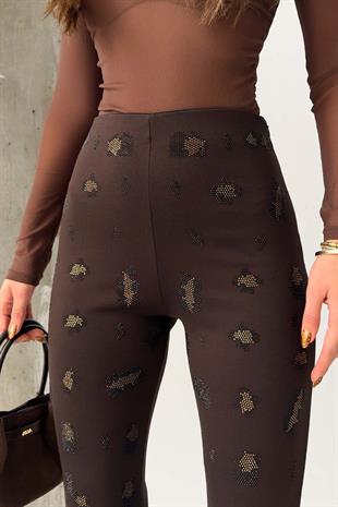 Leopar Taşlı Çelik Kumaş Palazzo Pantolon - Kahverengi