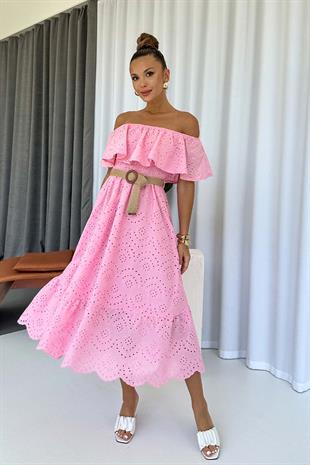 Madonna Yaka Fisto Detaylı Kemerli Elbise - Pembe
