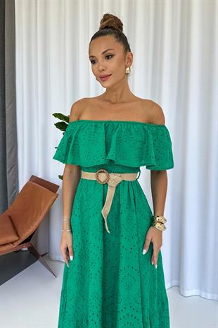 Madonna Yaka Fisto Detaylı Kemerli Elbise - Yeşil