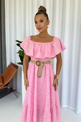 Madonna Yaka Fisto Detaylı Kemerli Elbise - Pembe