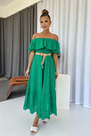 Madonna Yaka Fisto Detaylı Kemerli Elbise - Yeşil