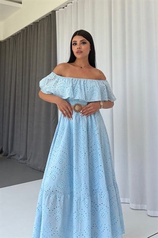 Madonna Yaka Fisto Detaylı Kemerli Elbise - Mavi