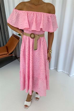 Madonna Yaka Fisto Detaylı Kemerli Elbise - Pembe