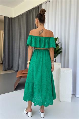 Madonna Yaka Fisto Detaylı Kemerli Elbise - Yeşil