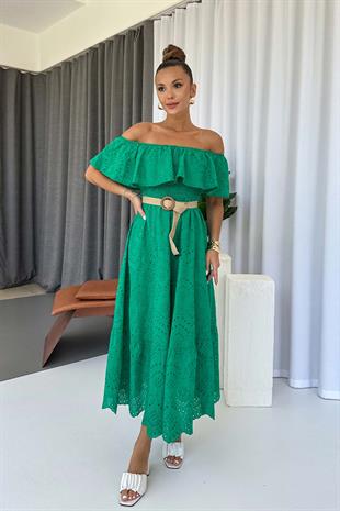 Madonna Yaka Fisto Detaylı Kemerli Elbise - Yeşil