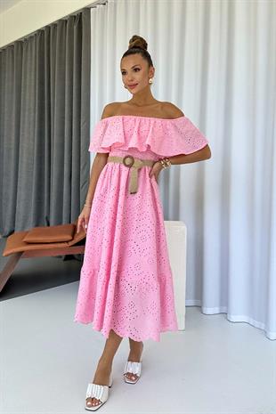 Madonna Yaka Fisto Detaylı Kemerli Elbise - Pembe