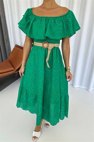 Madonna Yaka Fisto Detaylı Kemerli Elbise - Yeşil