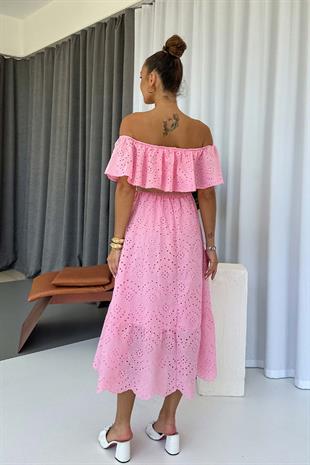 Madonna Yaka Fisto Detaylı Kemerli Elbise - Pembe