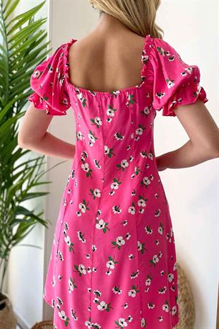 Madonna Yaka Göğüs Bağlama Pembe Çiçek Desenli Kısa Kol Elbise