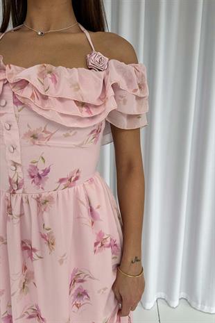Madonna Yaka Özel Tasarım Çiçekli Elbise - Pembe