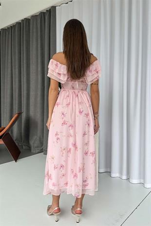 Madonna Yaka Özel Tasarım Çiçekli Elbise - Pembe