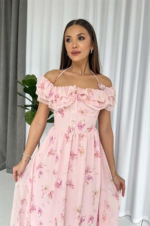 Madonna Yaka Özel Tasarım Çiçekli Elbise - Pembe