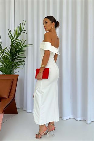 Madonna Yaka Yırtmaç Detay 3 Renk Elbise - Beyaz