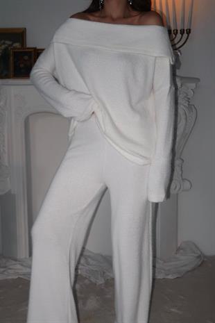 Madonna Yaka Yumoş Pantolon Takım - Beyaz