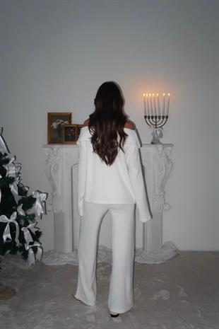 Madonna Yaka Yumoş Pantolon Takım - Beyaz