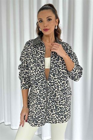 Manchester Leopar Kadın Ceket - Ekru