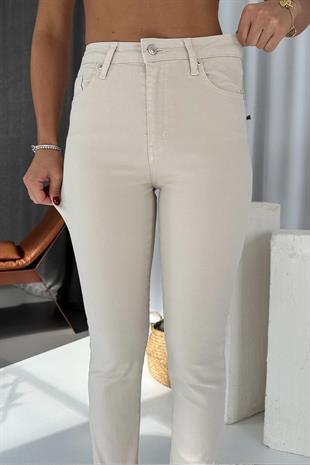 Mia Yüksek Bel Likralı Dar Paça Jean - Bej