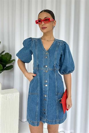 Mini Balon Kol V Yaka Kot Kadın Elbise - Mavi