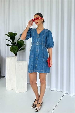 Mini Balon Kol V Yaka Kot Kadın Elbise - Mavi