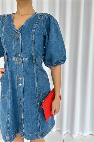 Mini Balon Kol V Yaka Kot Kadın Elbise - Mavi