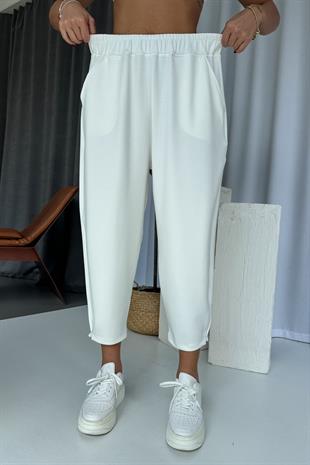 Modal Kumaş Paça Tutturmalı Kadın Pantolon - Beyaz
