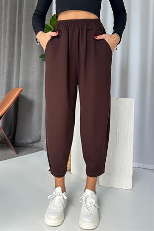 Modal Kumaş Paça Tutturmalı Kadın Pantolon - Kahverengi