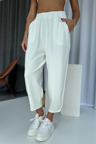 Modal Kumaş Paça Tutturmalı Kadın Pantolon - Beyaz