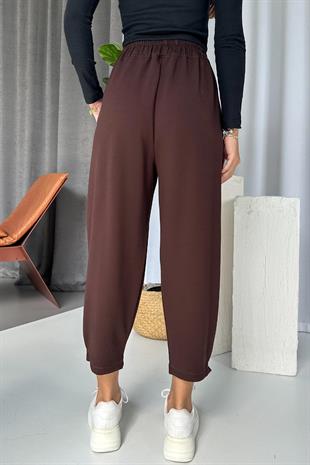 Modal Kumaş Paça Tutturmalı Kadın Pantolon - Kahverengi