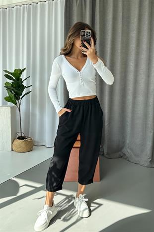 Modal Kumaş Paça Tutturmalı Kadın Pantolon - Siyah