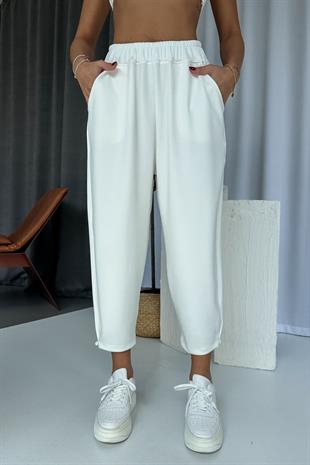 Modal Kumaş Paça Tutturmalı Kadın Pantolon - Beyaz
