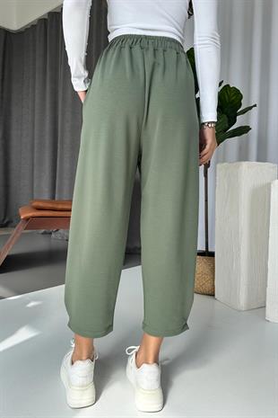 Modal Kumaş Paça Tutturmalı Kadın Pantolon - Haki