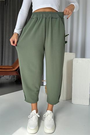 Modal Kumaş Paça Tutturmalı Kadın Pantolon - Haki